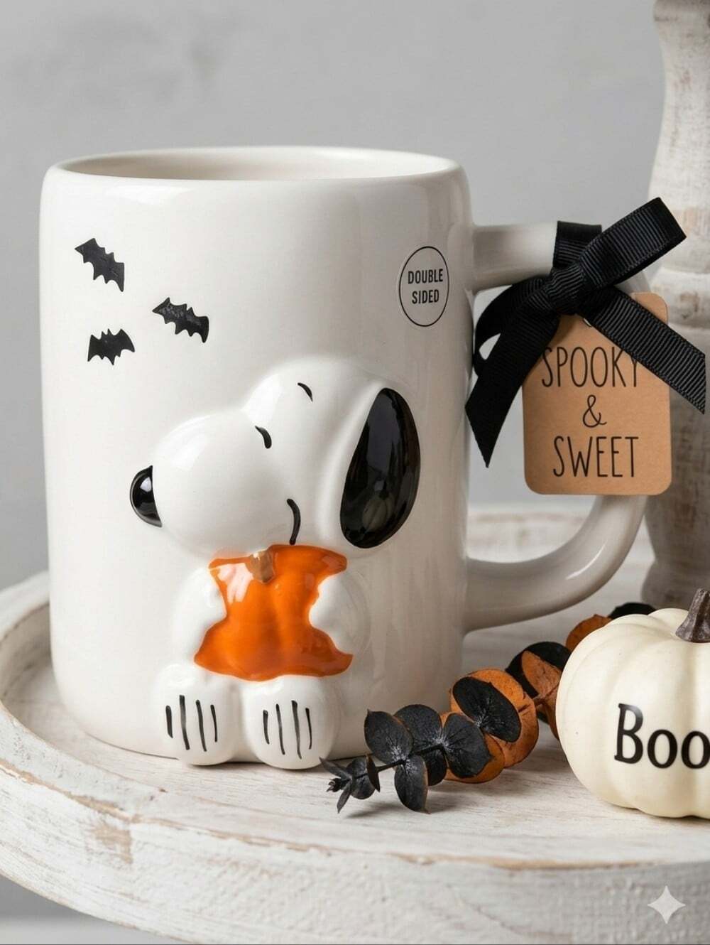 Rae Dunn X Peanuts Snoopy Halloween Spooky Sweet Mug 2 Sided Pumpkin Bats Coffee